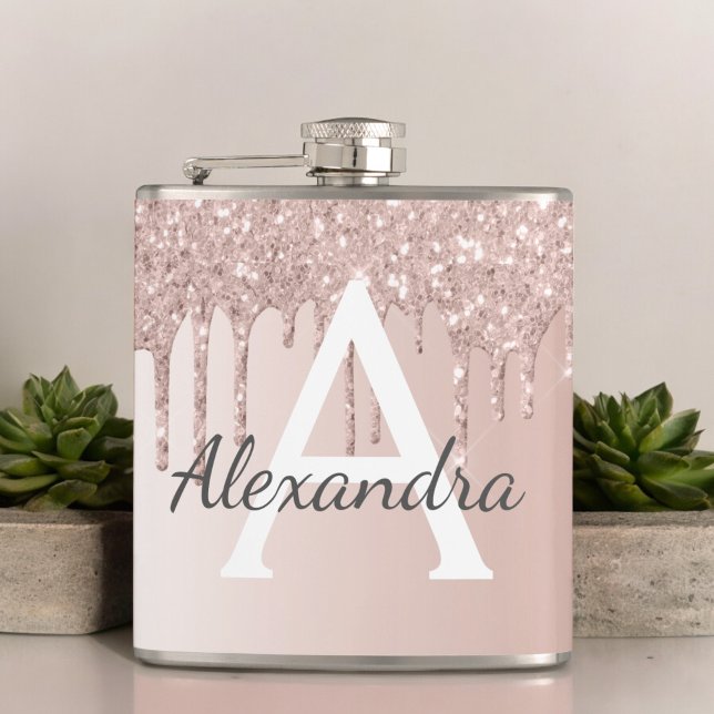 Blush Pink Rose Gold Glitter and Sparkle Monogram Flask (Creator Uploaded)