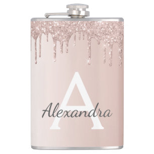 Blush Pink Rose Gold Glitter and Sparkle Monogram Flask
