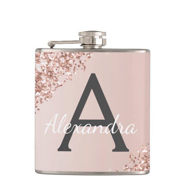 Blush Pink Rose Gold Glitter and Sparkle Monogram Flask (Front)