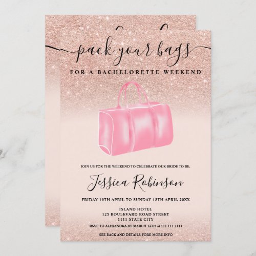 Blush pink rose gold glitter bachelorette weekend invitation