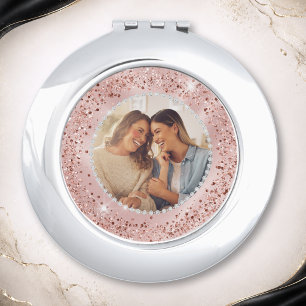Blush Pink Rose Gold Glitter Best Friends Photo Compact Mirror