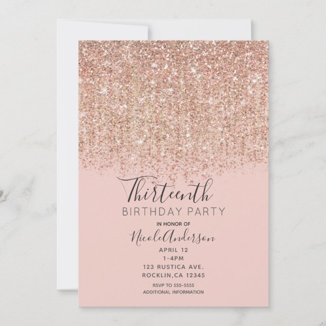 Blush Pink & Rose Gold Glitter Birthday Party Invitation (Front)