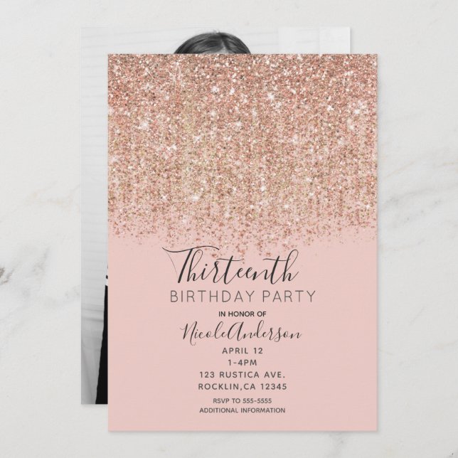 Blush Pink Rose Gold Glitter Birthday Party Photo Invitation (Front/Back)