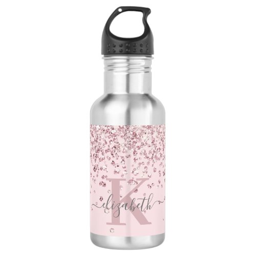 Blush Pink Rose Gold Glitter Diamond Monogram Stainless Steel Water Bottle