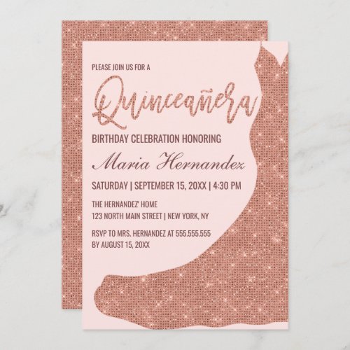 Blush Pink Rose Gold Glitter Dress Quinceaera Invitation