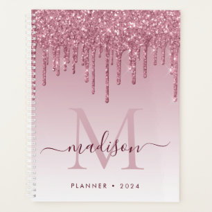 Blush Pink Rose Gold Glitter Drips Girly Monogram Planner