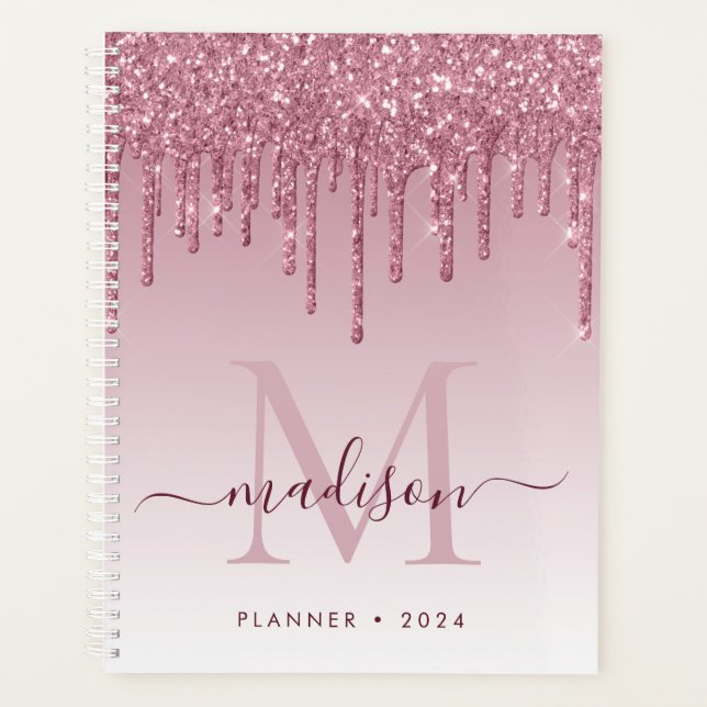 Blush Pink Rose Gold Glitter Drips Girly Monogram Planner (Front)