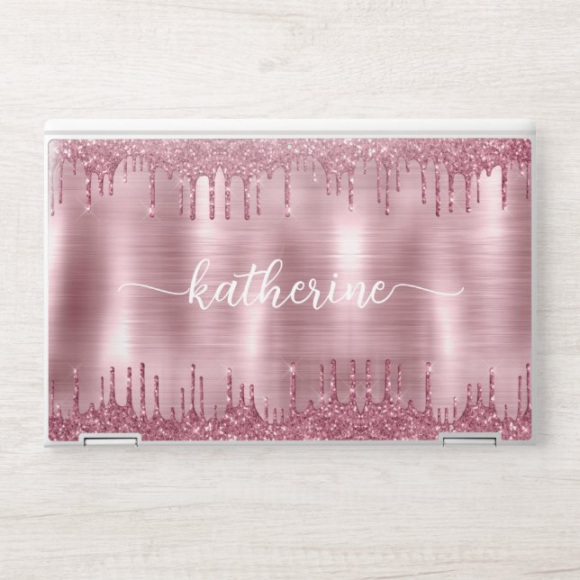 Blush Pink Rose Gold Glitter Drips Metal Monogram HP Laptop Skin (Front)