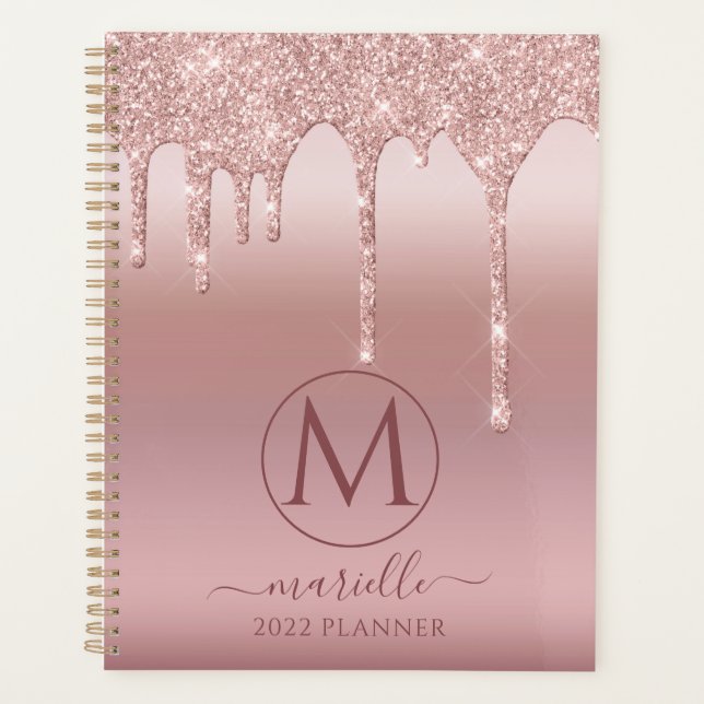 Blush Pink Rose Gold Glitter Drips Monogram 2022 P Planner (Front)