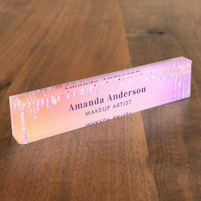 Blush pink rose gold glitter drips monogram beauty desk name plate (Side)