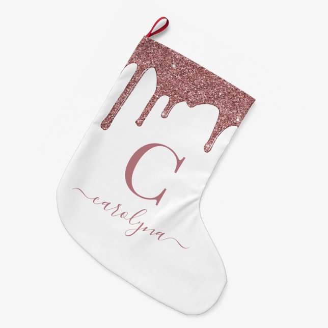 Blush Pink Rose Gold Glitter Drips Monogram Large Christmas Stocking (Front (Hanging))