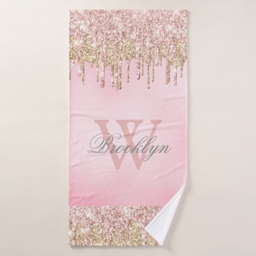 Blush Pink Rose Gold Glitter Drips Monogrammed  Bath Towel