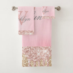 Blush Pink Rose Gold Glitter Drips Monogrammed Bath Towel Set