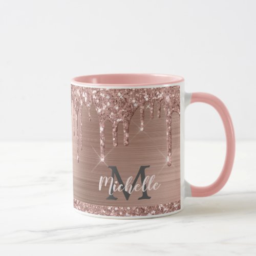 Blush Pink Rose Gold Glitter Drips Monogrammed Mug