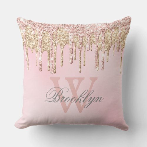 Blush Pink Rose Gold Glitter Drips Name Monogram T Throw Pillow