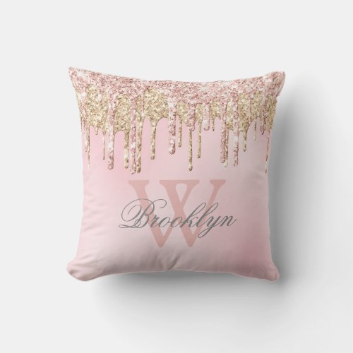 Blush Pink Rose Gold Glitter Drips Name Monogram Throw Pillow