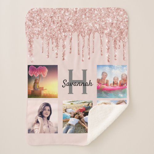 Blush pink rose gold glitter drips photo collage sherpa blanket