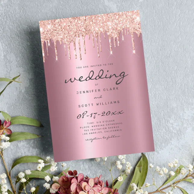 Blush Pink Rose Gold Glitter Drips Script Wedding Invitation Zazzle