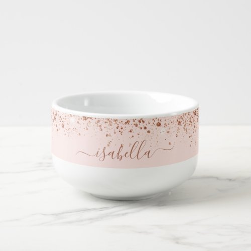 Blush pink rose gold glitter dust name script soup mug