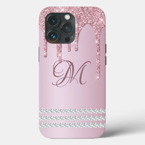 Blush Pink Rose Gold Glitter Faux Diamonds iPhone  iPhone 13 Pro Case