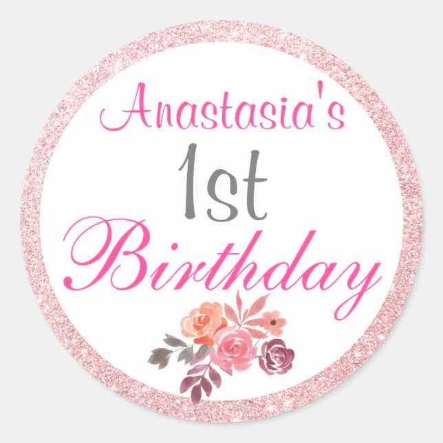 Blush Pink Rose Gold Glitter Floral 1st Birthday Classic Round Sticker ...