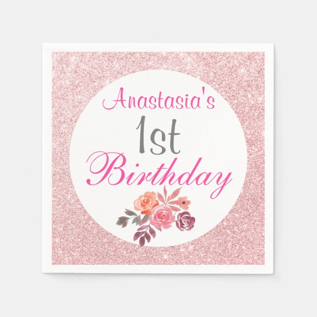 Blush Pink Rose Gold Glitter Floral 1st Birthday Napkins (Front)