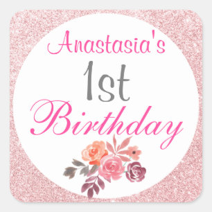 Blush Pink Rose Gold Glitter Floral 1st Birthday Square Sticker