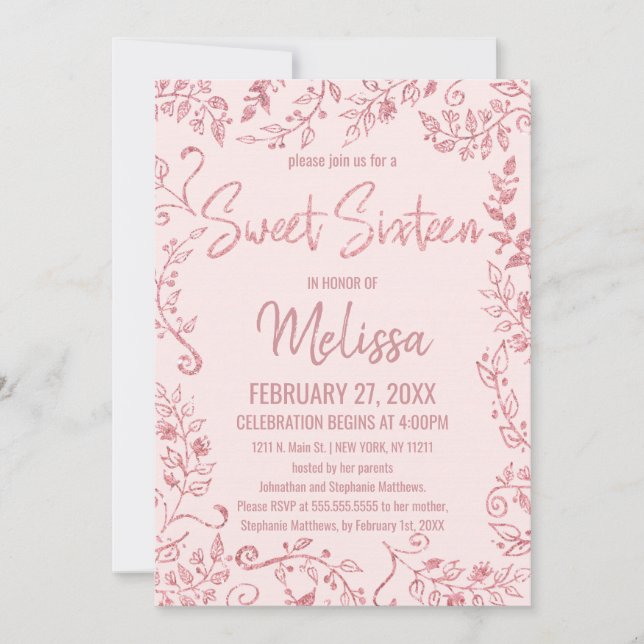 Blush Pink Rose Gold Glitter Floral Sweet 16 Invitation (Front)