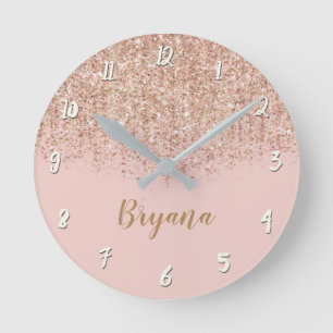 Blush Pink & Rose Gold Glitter Glam Girly Chic Round Clock
