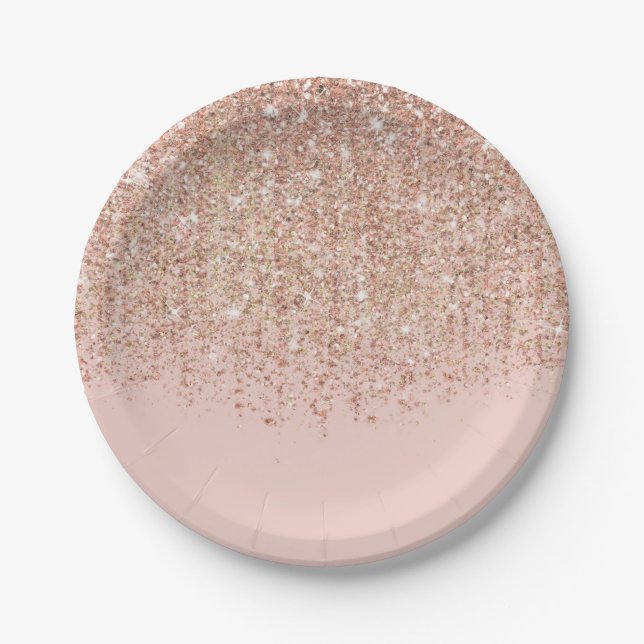 Blush Pink & Rose Gold Glitter Glam Party Paper Plates (Front)