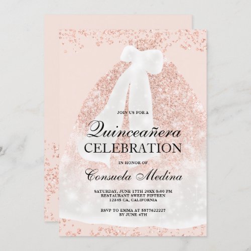 Blush pink rose gold glitter gown Quinceaera Invitation