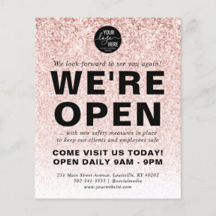 Blush Pink Rose Gold Glitter Logo Brand We're Open Flyer