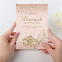 Blush Pink Rose Gold Glitter Masquerade Sweet 16 Invitation