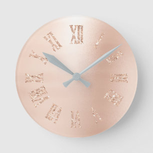 Blush Pink Rose Gold Glitter Metallic Roman Numers Round Clock