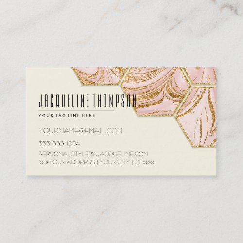 Blush Pink Rose Gold Glitter Modern Hexagon Marble Business Card