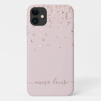 Blush Pink Rose Gold Glitter Monogram Name iPhone 11 Case