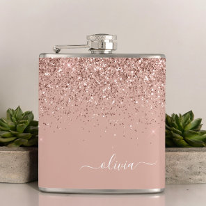 Blush Pink Rose Gold Glitter Monogram Name Flask