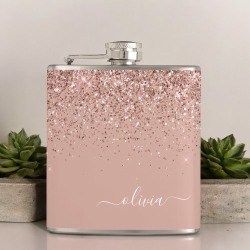 Blush Pink Rose Gold Glitter Monogram Name Flask