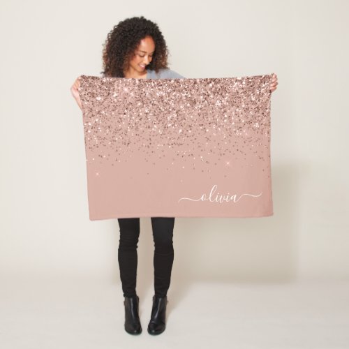 Blush Pink Rose Gold Glitter Monogram Name Fleece Blanket