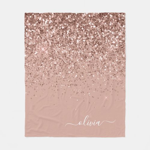 Blush Pink Rose Gold Glitter Monogram Name Fleece Blanket