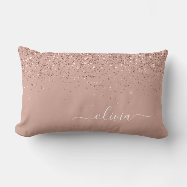 Blush Pink Rose Gold Glitter Monogram Name Lumbar Pillow (Front)
