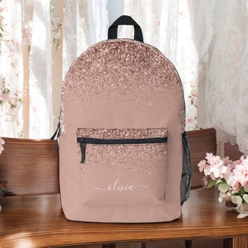 Blush Pink Rose Gold Glitter Monogram Name Printed Backpack