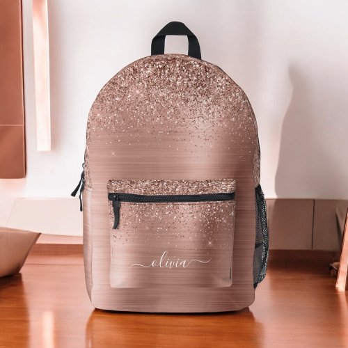 Blush Pink Rose Gold Glitter Monogram Name Printed Backpack