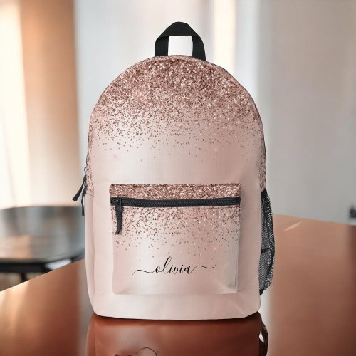 Blush Pink Rose Gold Glitter Monogram Name Printed Backpack