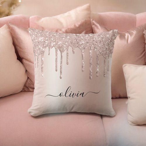 Blush Pink Rose Gold Glitter Monogram Name Throw Pillow