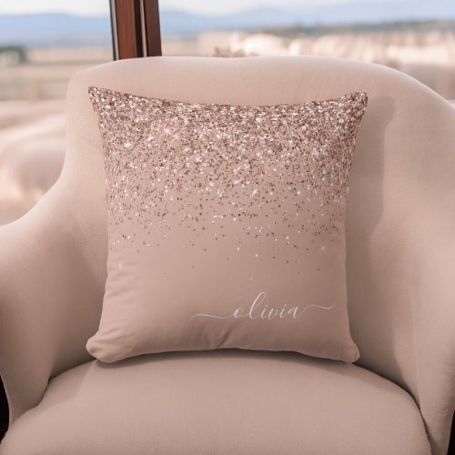 Blush Pink Rose Gold Glitter Monogram Name Throw Pillow