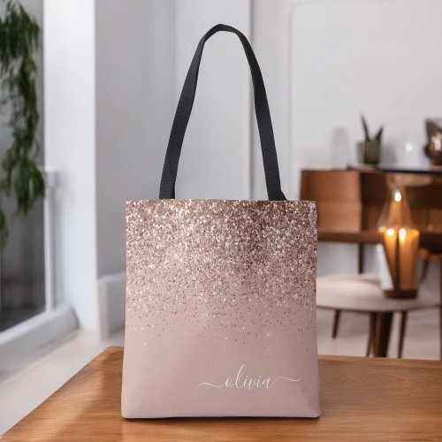 Blush Pink Rose Gold Glitter Monogram Name Tote Bag