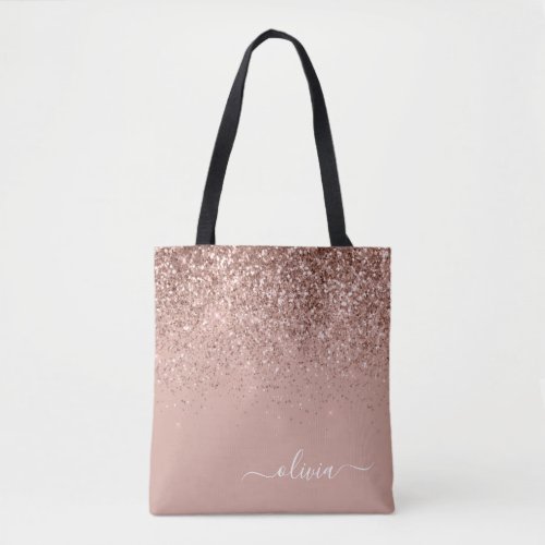 Blush Pink Rose Gold Glitter Monogram Name Tote Bag