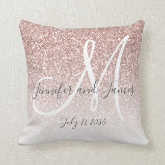 Blush Pink Rose Gold Glitter Monogram Newlyweds Throw Pillow