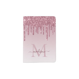 Blush Pink Rose Gold Glitter Monogram Script Ombre Passport Holder